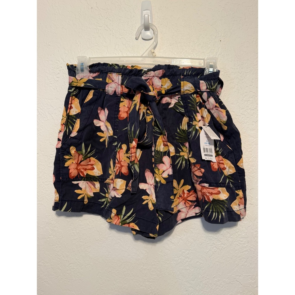 Time and Tru Womens Floral High Rise Tencel Shorts Navy Blue Large 12-14 NWT